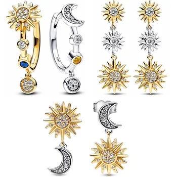 Неподправена два цвята лъскава трехслойная обици-обръч от сребро 925 проба с изображение на Слънцето и Луната за жени, идеи за подаръци, модни бижута
