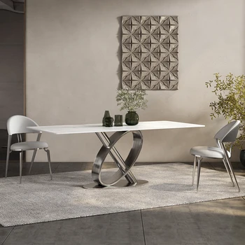 Нов маса за хранене италиански луксозен дизайнерски сив стомана цвят, обикновен светъл правоъгълна маса за хранене от светъл плоча, стол combina