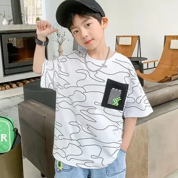 Нова детска тениска За годишни момчета С Корейски принтом И къси ръкави, Домашен Случайни Свободен Модерен Детски топ
