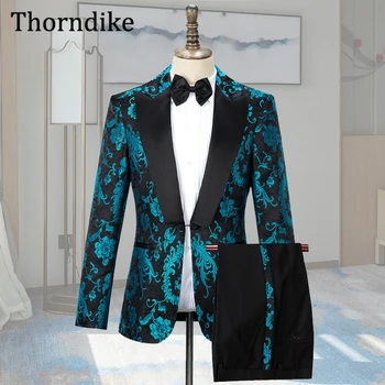 Нови Сватбени костюми Thorndike, Ушити по поръчка, Черни Блейзери Nale с принтом на лацканах и Черни панталони, Смокинги За младоженците 2021 г., Terno Masculino