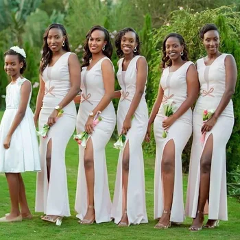Нови Секси Рокли на шаферките за Черни момичета в африканския стил 2024, Бяло Атласное рокля на Русалка с цепка, Дълга Сватбена рокля vestido de fiesta de boda