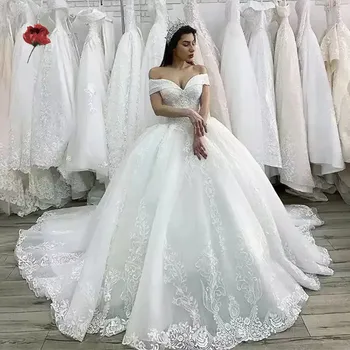 Ново дизайнерско сватбена рокля с открити рамене и V-образно деколте 2023 година, сватбена рокля за булката с дълъг ръкав, сватбени рокли трапецовидна форма