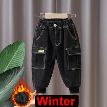 Ново записване, дънки за момчета, ежедневни зимни детски изолирана джинси, модни памук, плюс кадифе, деним панталони 2-7 години