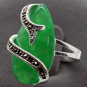 Ново популярно пръстен от тибетския сребро със зелен камък на марказит с размери 10 mm x 20 mm, Размер 7/8/9/10