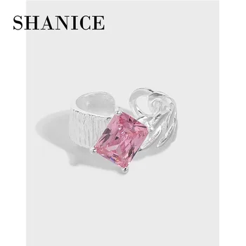 Отворен пръстен от сребро SHANICE S925 с квадратна розов кристал и топаз, дамски пръстени с отворен пръстен Micro CZ, изящни бижута