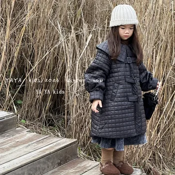 Палта за момичета, Ново Зимно палто 2023, Детско Корейското палто с голям ревера, Стеганая шнола, Качествено палто с памучна подплата