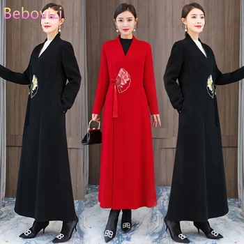 Палто с винтажной бродерия в китайски стил Дамски дрехи Древен Чонсам Дамски зимни червена Черна Hanfu
