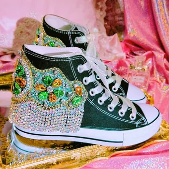 Парусиновая ръчно изработени обувки с кристали, ежедневни обувки са с високо берцем дантела в етнически стил, включително големи размери 35-44