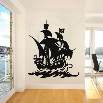 Пиратски кораби Vinyl стикер на стената Плаване с лодка Стикери за стена Пиратски капитан Винил стенописи Череп с Кръстосани Кости Тапети Начало декор AC368