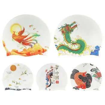 Плувни шапки в китайски стил, силиконова шапка за плуване за възрастни мъже и жени, шапки за плуване с флорални анимационни принтом, защита на ушите за тренировки