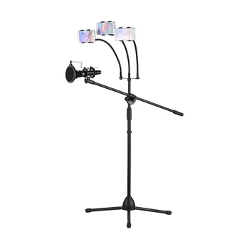 Подова стойка за микрофон, метален статив, регулируема височина с щанга, 3 притежателя на микрофона и 1 притежателя на смартфона за директно излъчване.