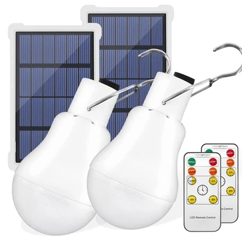 Портативни слънчеви електрически крушки с дистанционно управление, таймер, подходящи за навес на лагер на палатки на къмпинг, 2 комплекта