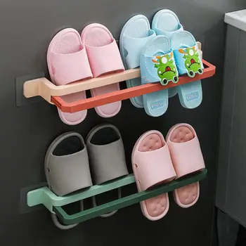 Прибиращи чехли за баня, шкаф за обувки за бягане, компактен двупластова закачалка за тапочек, сгъваема самозалепващи закачалка за обувки В банята