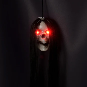 Призрак с изложено глава-череп на Хелоуин, с дълга коса, със светещи очи, подпори скелета, Украсата на Къщата с духове Начало декор за парти на Хелоуин