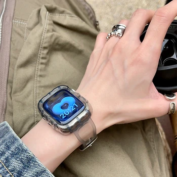 Прозрачна Лента За Apple Watch Band 44 мм 40 мм 45 41 42 38 мм и Защитно покритие на екрана iWatch 8 Ultra 7 SE 3 5 6 Wave Гумена Гривна