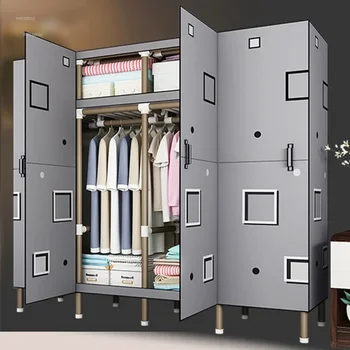 Прости шкафове Модерен малък текстилен гардероб за съхранение на мебели за спални С удебелени стоманена тръба, стая за отдаване под наем, спалня, домашно гардероб