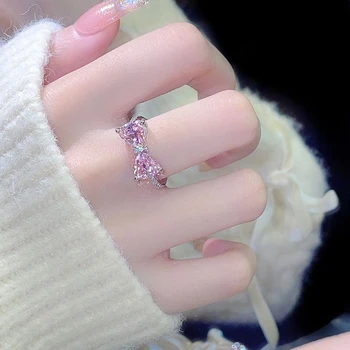 Регулируем пръстен с лък, Сладко Розово Пръстен на Принцеса, диамантен Пръстен в стил Sweet Ins, Бижута за Жени, Подаръци и аксесоари за Партито по случай рождения Ден