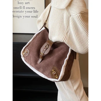Реколта замшевая квадратна чанта през рамо за жени, есенно-зимен пакет за пазаруване, чанта-незабавни посланици от вълна от овце в стил мозайка
