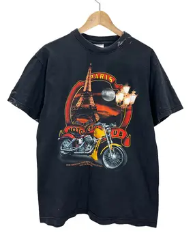 Реколта тениска на 90-те Paris Motorcycle Club MC Black с накара подходящ за среден размер