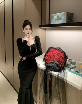 Реколта черни прилепнали рокли Midi за жени 2023, Есенна новост, Елегантен модерен дамски вечерни дрехи с дълги ръкави за сватбени партита