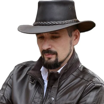 Ретро Ковбойская шапка, Мъжки Западна Деним, кожа от естествена телешка кожа, с Рицарски шапка, шапка за мъже