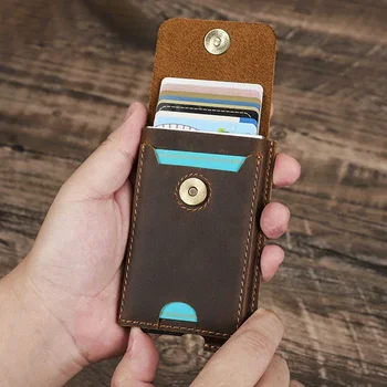 Ретро портфейл-визитница от естествена кожа с RFID-заключване за мъже, луксозен калъф-чанта за карти, алуминиев тънък метален държач за карти, нов