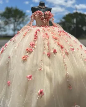 Розова бална рокля цвят шампанско Пищни рокля с дълъг ръкав и 3D цветни мъниста Sweet Princess 15 vestidos para xv años абитуриентски бал