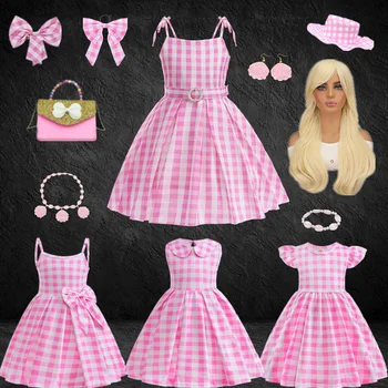 Розова рокля Барби за момичета 3-8 години, Лятна Детски дрехи с нова каишка, Модерен Карирани Сладък Детски костюм, Винтажное Елегантна рокля на принцеса с лък
