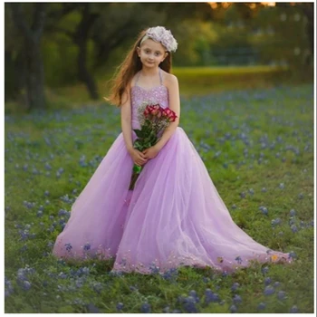 Рокля за момиче с цветя модел за сватба, без ръкави, с аппликацией от тюл, рокля с рюшами, с влак, рокли за детски рожден ден.