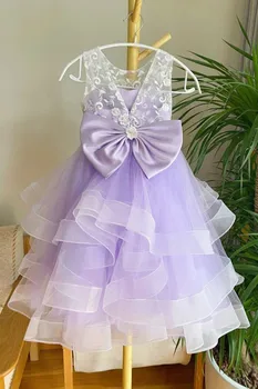Рокля с цветя модел за момичета цвят лавандула от тюл Със завързана отгоре, многоярусным шарките и цип отзад, подходящи за сватбени рокли за рожден Ден