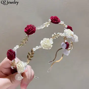 Романтични панделки за коса с цветя, рози, сватбени ленти за коса, Модерни метални ленти с цветя и перли за жени, панделка за глава, Сватбена прическа