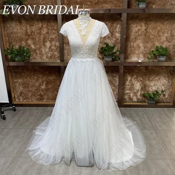 Сватбена рокля EVON BRIDAL с високо воротом, с къси ръкави, Дантелено Бельо сватбена рокля от тюл, Илюзия силует, копчета, роклята на булката, реалното изображение