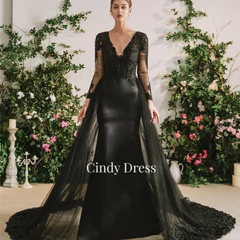 Сватбена рокля Синди Блек с дантелен аппликацией, русалка, дълги струи, дълги ръкави, елегантни вечерни рокли за жени, луксозни специални събития