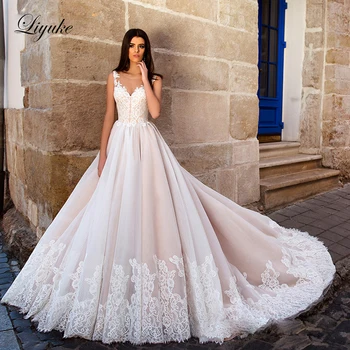 Сватбена рокля трапецовидна форма розов цвят Liyuke Blush С влак Елегантно Бельо Сватбена рокля без ръкави