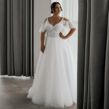 Сватбени рокли големи размери трапецовидна форма с открити рамене, тюлевые апликации, Дантелено сватбена рокля в стил Бохо, сватбената рокля Vestido De Noiva