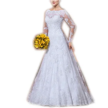 Сватбени рокли евтини, с дълги ръкави, дантелени апликации, Придворен струята, сватбени рокли по поръчка 2023