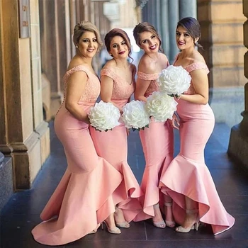Секси розова рокля на шаферка с V-образно деколте 2024 г. с кружевными апликации във формата на русалки, сватбени рокли за партита с Дължина до пода рокля на шаферка на поръчка