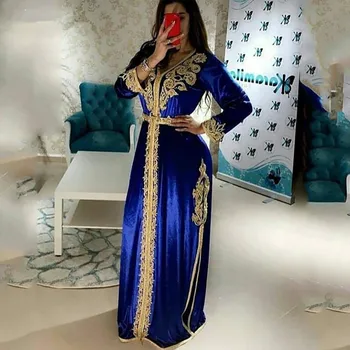 Син Марокански кафтан Мюсюлмански вечерни рокли с трапецовидна форма, с V-образно деколте и дълъг ръкав, Апликация Дубай Арабски Турция Абая Ислямското рокля