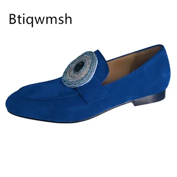 Сини обувки с кристали, мъжки обувки с остри пръсти, сини обувки от естествен велур, без с ниски обувки, мъжки модни вечерни обувки