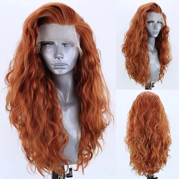 Синтетични перука с дантела отпред, Топлоустойчива червена коса, синтетични перуки за жени, дантела перуки с масова вълна, перука за cosplay, Натурална линия на растеж на косата