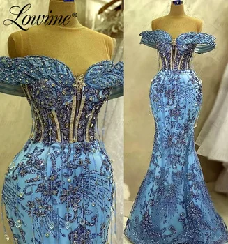 Синя вечерна рокля Robe De Soirée с открити рамене, вечерни рокли, ръчно изработени, украсени с мъниста и пискюли, 2023 Г., Арабски кристали, блестящи рокли за бала