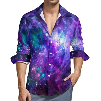 Скай-лилава Бяла Козметична ежедневни риза Мъжки Фэнтезийная Галактика Космическите Риза Есента Тенденцията Блузи С дълъг ръкав И принтом, Върхове Оверсайз