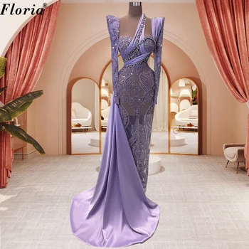 Специални лилаво коктейлни рокли с мъниста 2023 Ефирни вечерни рокли с дълъг ръкав, Vestidos De Cóctel Рокли на знаменитости