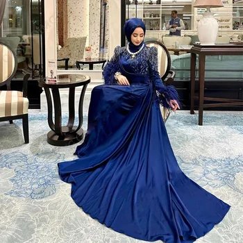 Съвременните мюсюлмански абитуриентски рокли от мъниста перо ръкав вечерна рокля Плиссированная сатен арабски Дубай вечерна рокля вечерни рокли