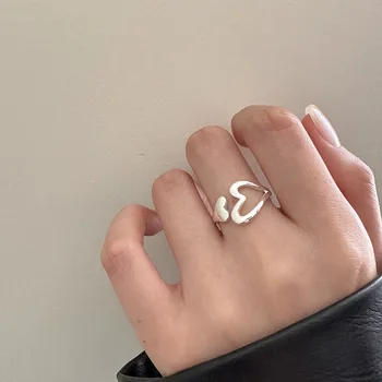 Тези пръстени с кухи сърце от сребро 925 проба, Просто гланц регулируема халка на пръста си Изящни бижута за жени