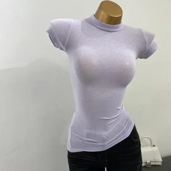 Тениска с полувысоким яка, Корея, Прозрачна Риза с къси ръкави, Облегающая Еластична Однотонная Риза С Вътрешен дъното, Секси Тениска С Големи гърди