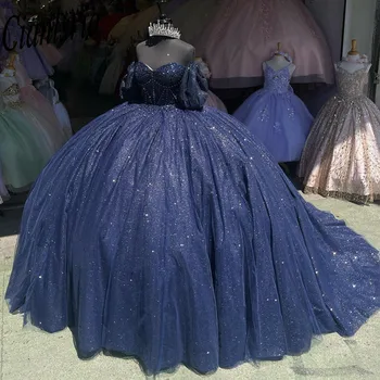 Тъмно сини Буйни рокли, Бална рокля с бисерными апликации, с открити рамене, рокля Sweet 16 дантела, Vestidos De 15 Años