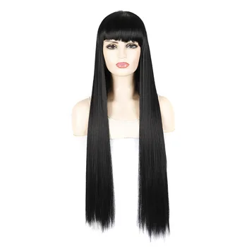 Търговия на едро Азия, Япония, Корея, 32 инча-80 см Сверхдлинные Директни Черни перуки, направени от синтетични косми Женски Права перука с бретон за cosplay