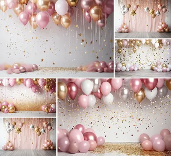 Фон за снимки Mehofond, Блестяща стена, Розови балони, Детски Рожден Ден, Разделена торта, Портретна декор, на Фона на фото студио