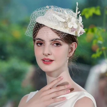 Френски Бял Елегантен взема с цветя модел от мрежата, женски сватбена рокля Mori, Банкетная Малка шапка, Тенденция